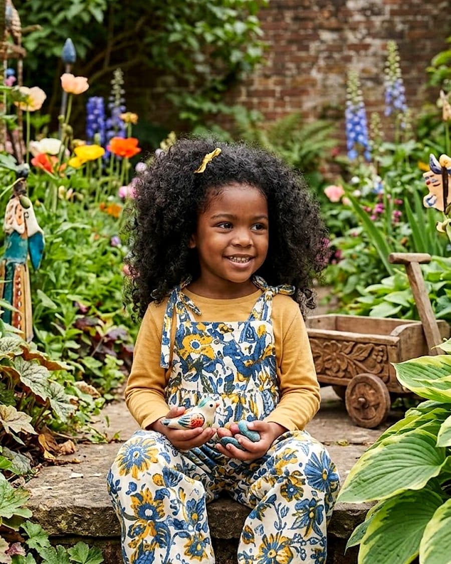 A child sitting on garden steps in Genki Kids blockprinted dungarees, a yellow and blue sunflower print, with delphiniums behind