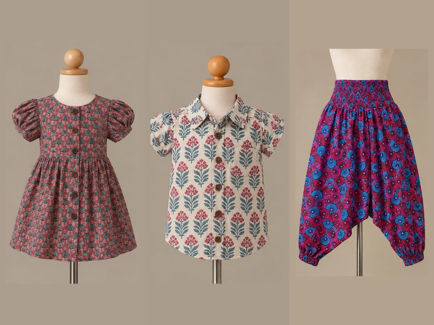 Three Genki Kids core shapes side by side: a tie-shoulder dress, bib dungarees and a flutter-sleeve dress